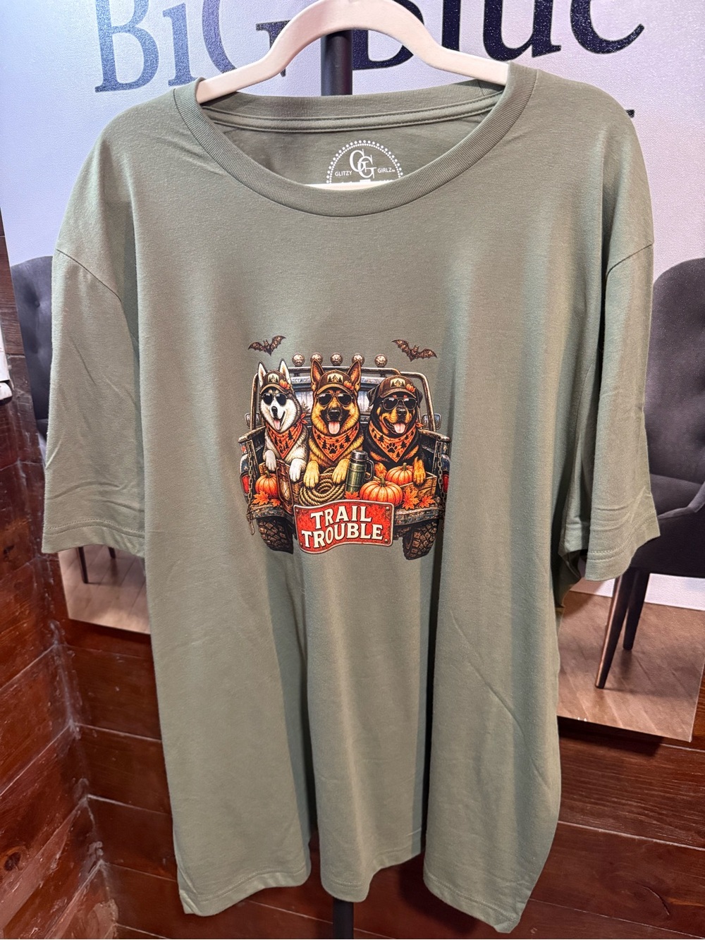 Cozy Trail Trouble Graphic Tee - Olive Green